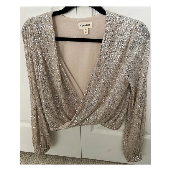 Open Edit Sequin V-Neck Top Champagne Beige-Silver Sequins XS - Picture 3 of 5